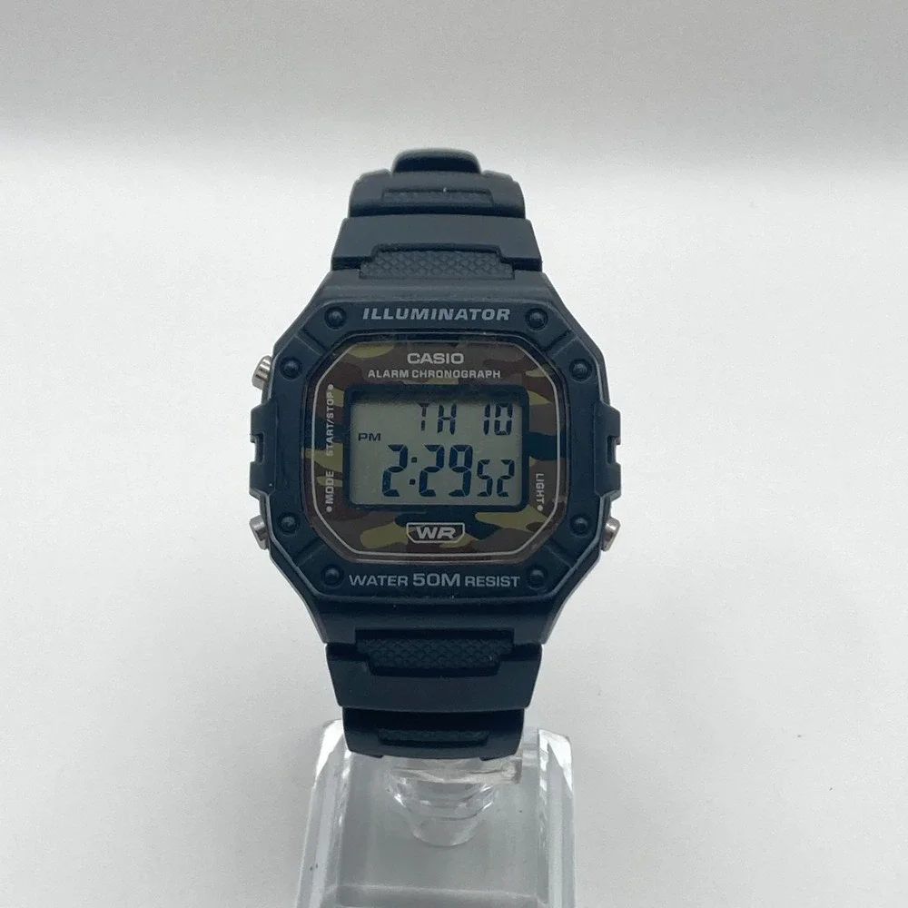 Casio Illuminator Watch Men 43mm Digital Camo Black 3224 W-218H Alarm Chrono